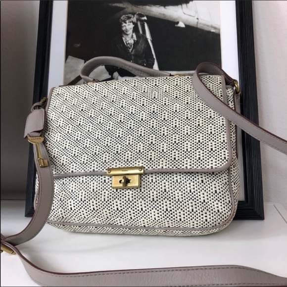 Fossil Leather Taupe/Cream Messenger Satchel Bag - Picture 2 of 6